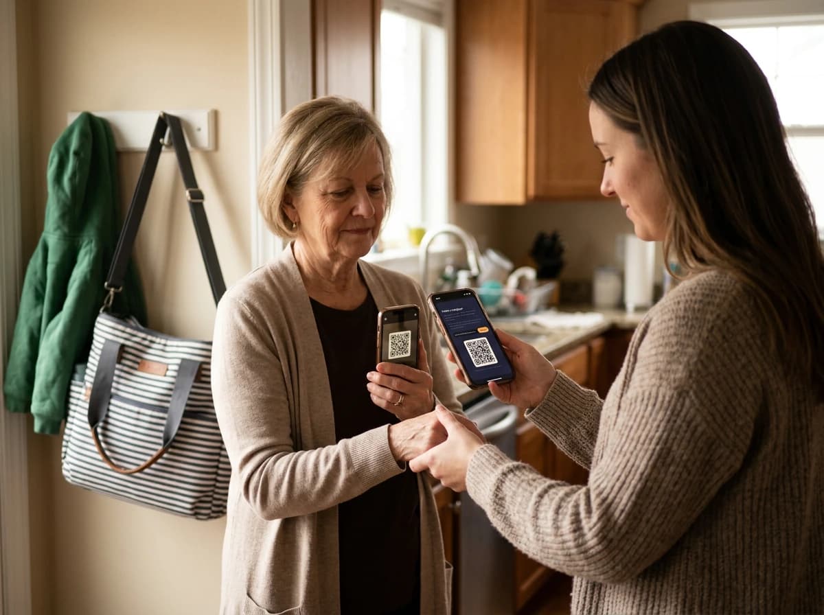 A caregiver holding up a phone with a MedStitch share QR code while another person scans it with their phone in a kitchen entryway.